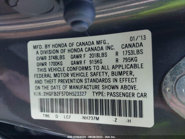 2013 HONDA CIVIC SDN LX VIN: 2HGFB2F57DH523327