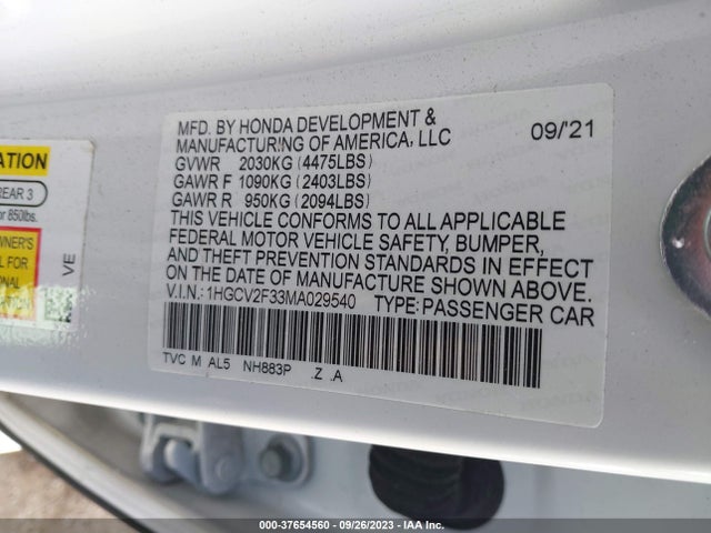 2021 HONDA ACCORD SEDAN SPORT VIN: 1HGCV2F33MA029540