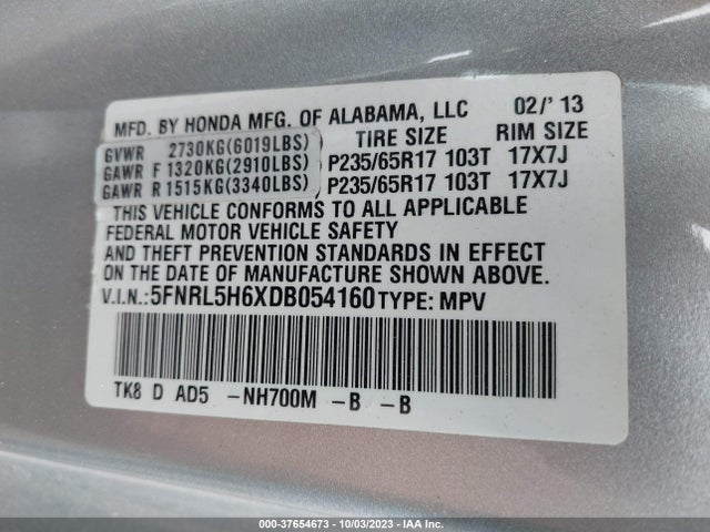 2013 HONDA ODYSSEY EX-L VIN: 5FNRL5H6XDB054160