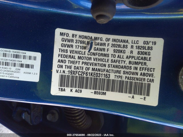 Honda Civic Sedan Lx 2019 19XFC2F61KE031163 Image 9
