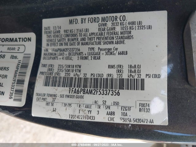 2015 FORD MUSTANG V6 VIN: 1FA6P8AM2F5337356