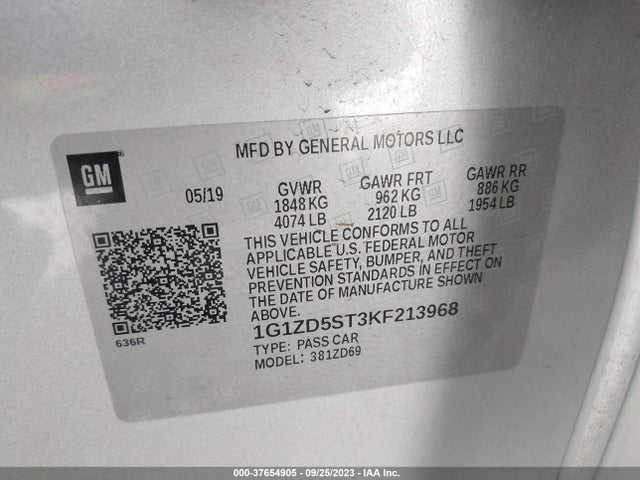 2019 CHEVROLET MALIBU LT VIN: 1G1ZD5ST3KF213968
