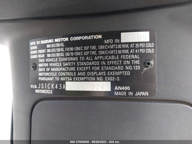 2006 Suzuki An400 K3 მანქანა იყიდება აუქციონზე, vin: JS1CK43AX62101024, აუქციონის ნომერი: 37654936
