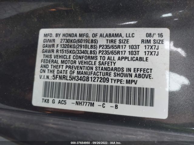 5FNRL5H34GB127209 Honda ODYSSEY SE