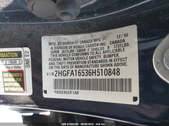 2006 HONDA CIVIC SDN LX VIN: 2HGFA16536H510848
