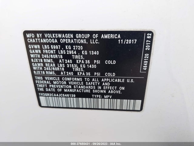 1V2GR2CA4JC546139 Volkswagen Atlas 3.6l V6 S