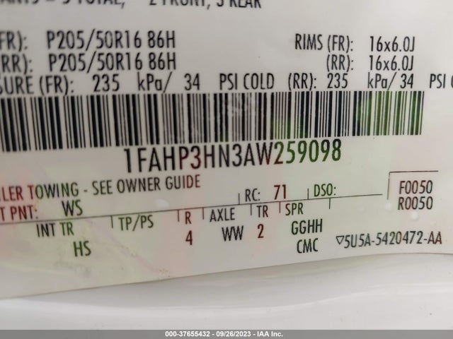 2010 FORD FOCUS SEL VIN: 1FAHP3HN3AW259098