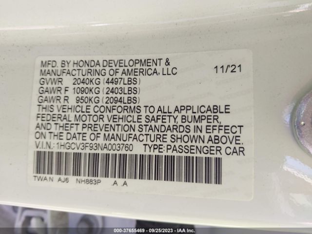 1HGCV3F93NA003760 Honda Accord Hybrid Touring