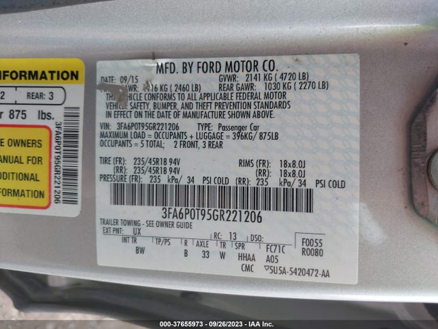Ford FUSION SE 2016 3FA6P0T95GR221206 Image 9