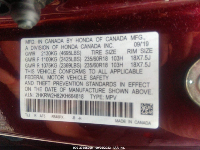 Honda Cr-v Ex-l 2019 2HKRW2H82KH664818 Image 9