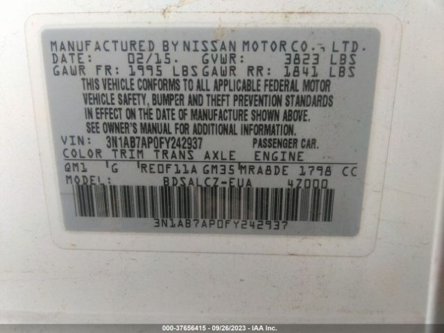 3N1AB7AP0FY242937 Nissan Sentra Sr/sl/s/sv/fe+ S