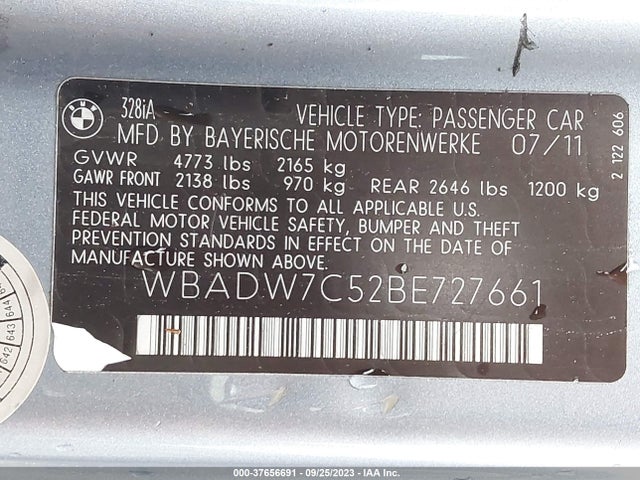 2011 BMW 3 SERIES 328I VIN: WBADW7C52BE727661
