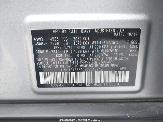 2013 SUBARU OUTBACK 2.5I VIN: 4S4BRBAC6D3248742