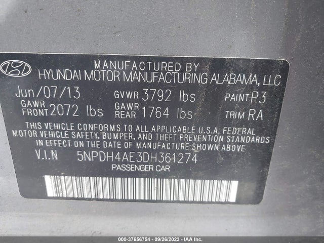 2013 HYUNDAI ELANTRA GLS PZEV VIN: 5NPDH4AE3DH361274