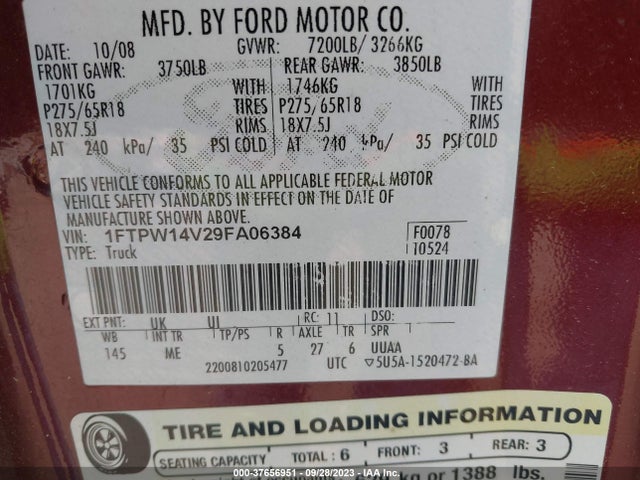 2009 FORD F-150 XL/XLT/FX4/LARIAT VIN: 1FTPW14V29FA06384