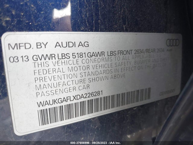 2013 AUDI S4 PRESTIGE VIN: WAUKGAFLXDA226281