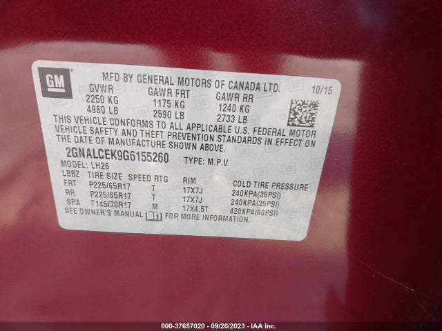 Chevrolet EQUINOX LT 2016 2GNALCEK9G6155260 Image 9