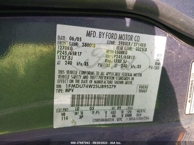 2005 FORD EXPLORER EDDIE BAUER VIN: 1FMDU74W25UB95379