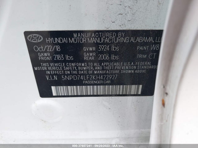 2019 HYUNDAI ELANTRA SE VIN: 5NPD74LF2KH422927