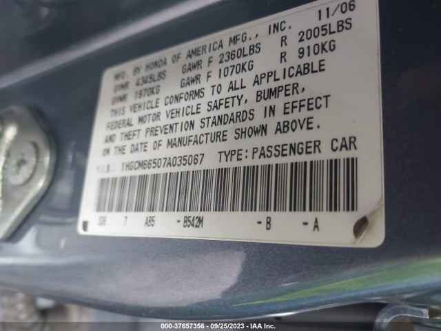 2007 HONDA ACCORD SDN EX-L VIN: 1HGCM66507A035067