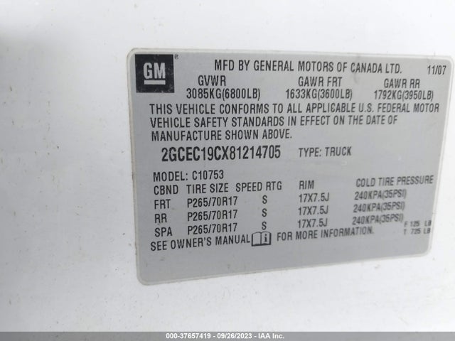 2008 CHEVROLET SILVERADO 1500 LT W/1LT VIN: 2GCEC19CX81214705