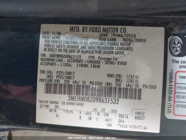 2009 MERCURY MILAN PREMIER VIN: 3MEHM08Z09R631532