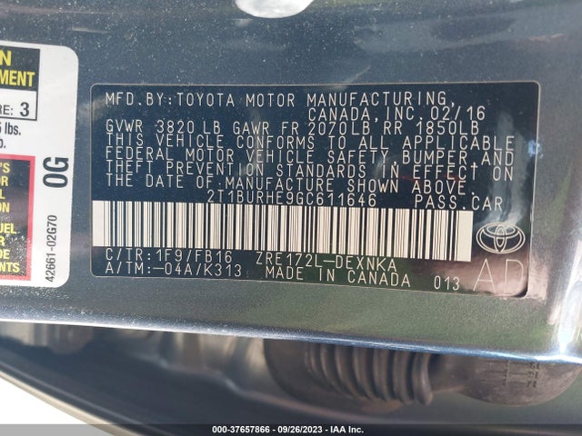 2016 TOYOTA COROLLA LE VIN: 2T1BURHE9GC611646