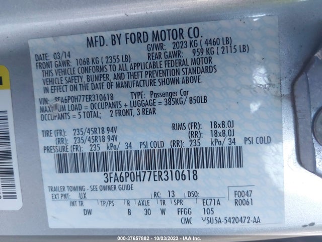 Ford FUSION SE 2014 3FA6P0H77ER310618 Image 9