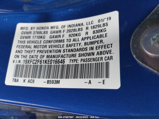 Honda Civic Lx 2019 19XFC2F61KE016646 Image 9