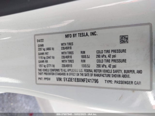 Tesla Model 3 Long Range 2022 5YJ3E1EBXNF241796 Image 8
