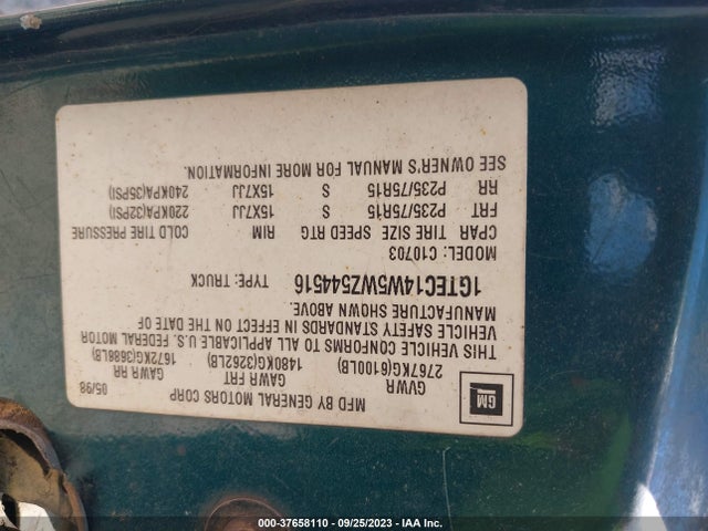 1998 GMC SIERRA 1500 VIN: 1GTEC14W5WZ544516