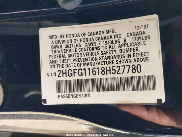 2008 HONDA CIVIC CPE LX VIN: 2HGFG11618H527780