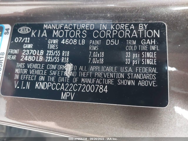 2012 KIA SPORTAGE EX VIN: KNDPCCA22C7200784