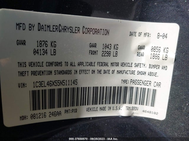 2005 CHRYSLER SEBRING SDN VIN: 1C3EL46X55N511145