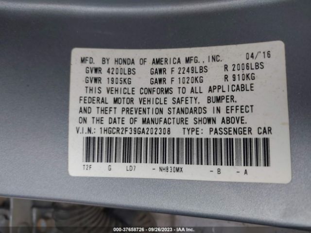 1HGCR2F39GA202308 Honda Accord Sedan Lx