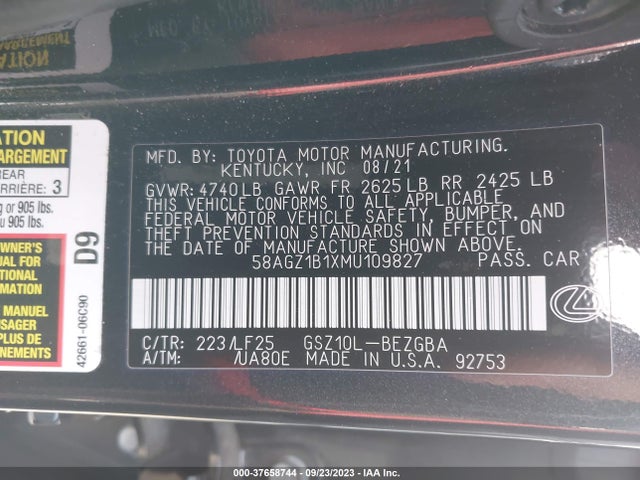 58AGZ1B1XMU109827 Lexus Es Es 350 F Sport