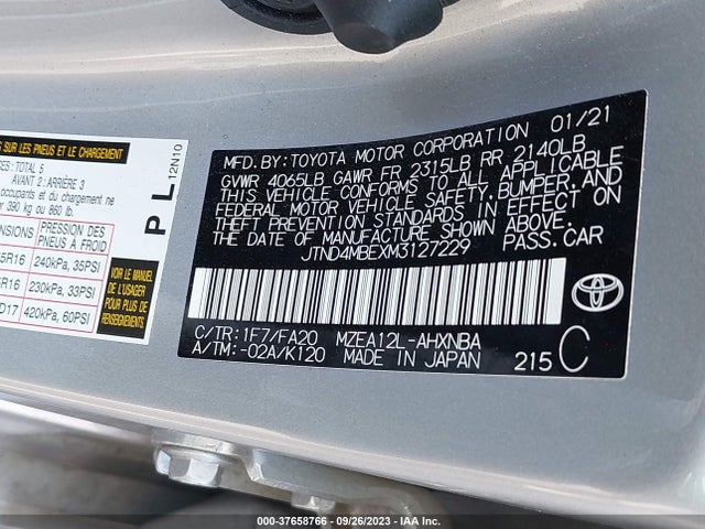 2021 TOYOTA COROLLA HATCHBACK SE/XSE/NIGHTSHADE VIN: JTND4MBEXM3127229