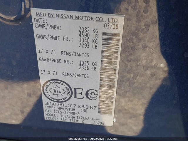 2018 NISSAN ROGUE SV/S/SL VIN: 5N1AT2MT1JC783367