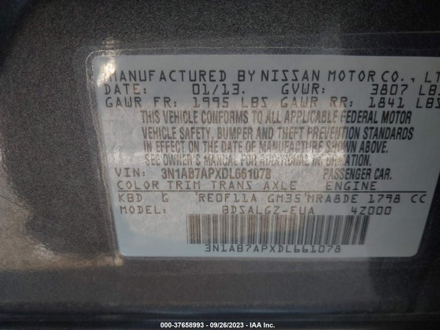 2013 NISSAN SENTRA SL VIN: 3N1AB7APXDL661078