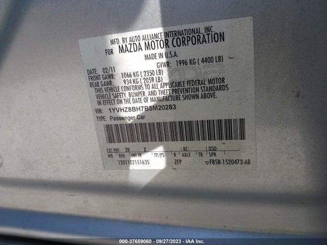 Продажа на аукционе авто 2011 Mazda Mazda6 I Sport, vin: 1YVHZ8BH7B5M20283, номер лота: 37659060