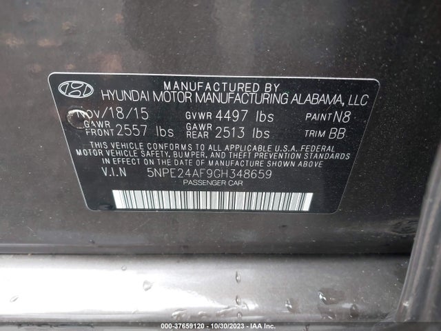 Hyundai Sonata 2.4l Se 2016 5NPE24AF9GH348659 Image 9