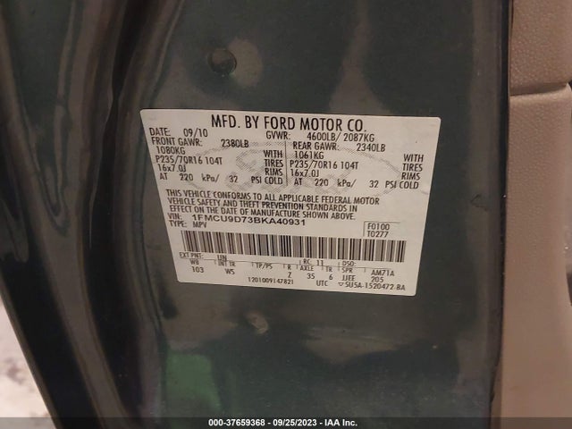 2011 FORD ESCAPE XLT VIN: 1FMCU9D73BKA40931