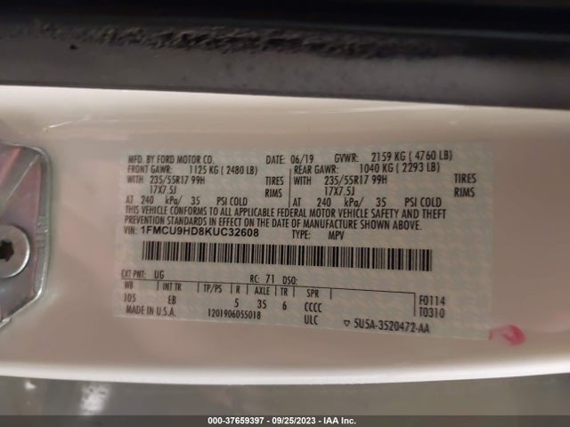 2019 FORD ESCAPE SEL VIN: 1FMCU9HD8KUC32608