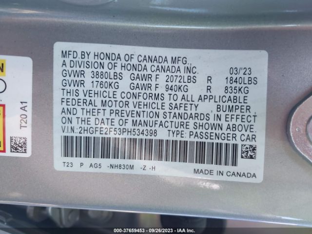 2HGFE2F53PH534398 Honda Civic Sedan Sport