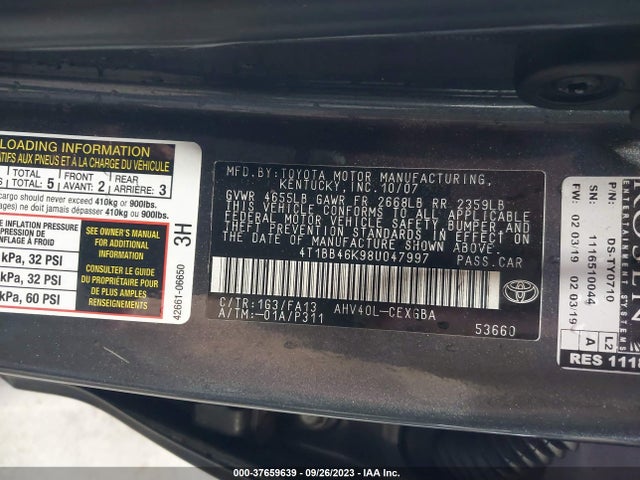2008 TOYOTA CAMRY HYBRID VIN: 4T1BB46K98U047997