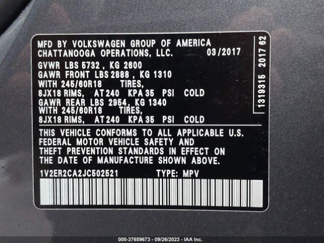 1V2ER2CA2JC502521 Volkswagen Atlas 3.6l V6 Sel