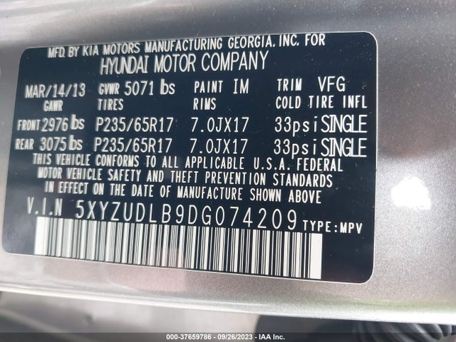 2013 HYUNDAI SANTA FE SPORT VIN: 5XYZUDLB9DG074209