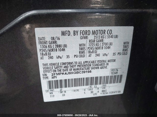 2016 FORD EDGE SEL VIN: 2FMPK4J9XGBC39198