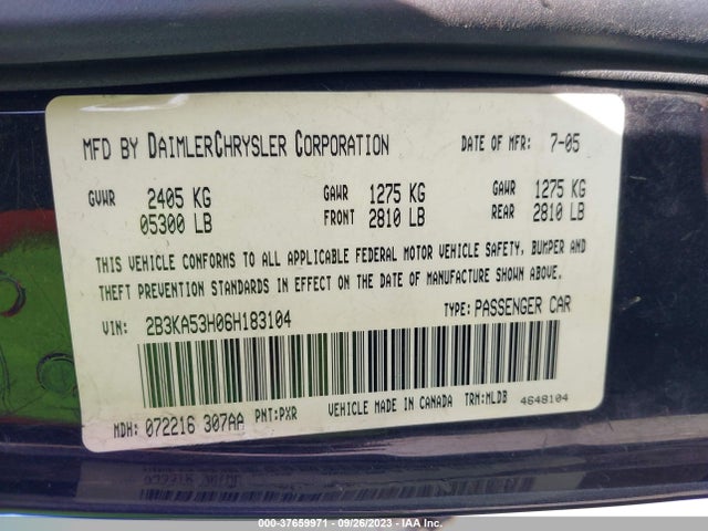 2006 DODGE CHARGER R/T VIN: 2B3KA53H06H183104