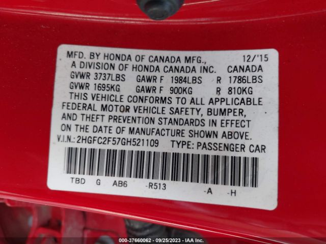 2HGFC2F57GH521109 Honda Civic Sedan Lx